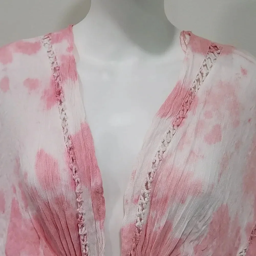 RAVIYA Pink Tie Dye Drawstring-Tie Kimono Deep V Neck Crochet Swimsuit Cover Up